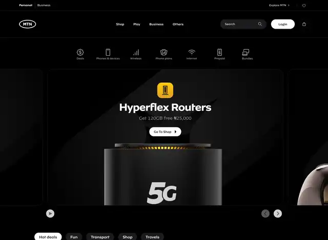 Dark-mode MTN eShop concept showing navigation, service categories and a 5G router promotion.